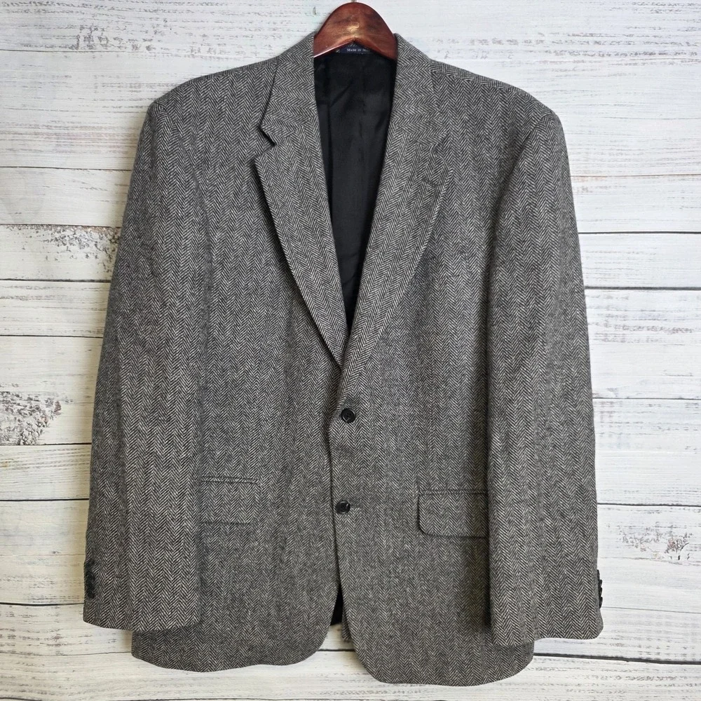 Lands End‎ Sport Coat Mens 44R Gray Herringbone Lambswool Tweed Blazer Jacket
